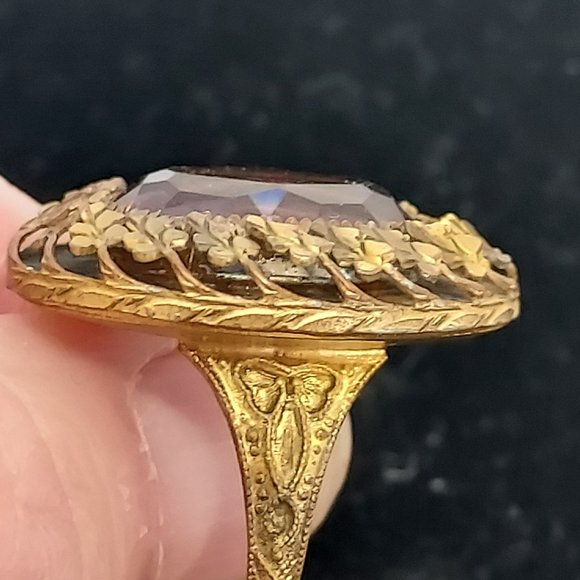 Victorian Brass Deep Purple colored Rhinestone Ring - Picture 7 of 13